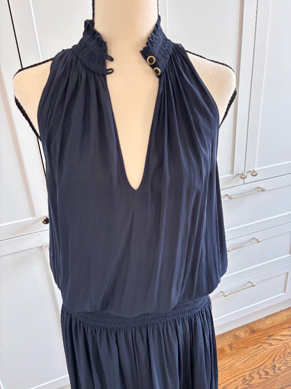 Ramy Brook Mackie Halter Blouson Maxi Dress | Size S | Navy | Crochet Lace Hem |